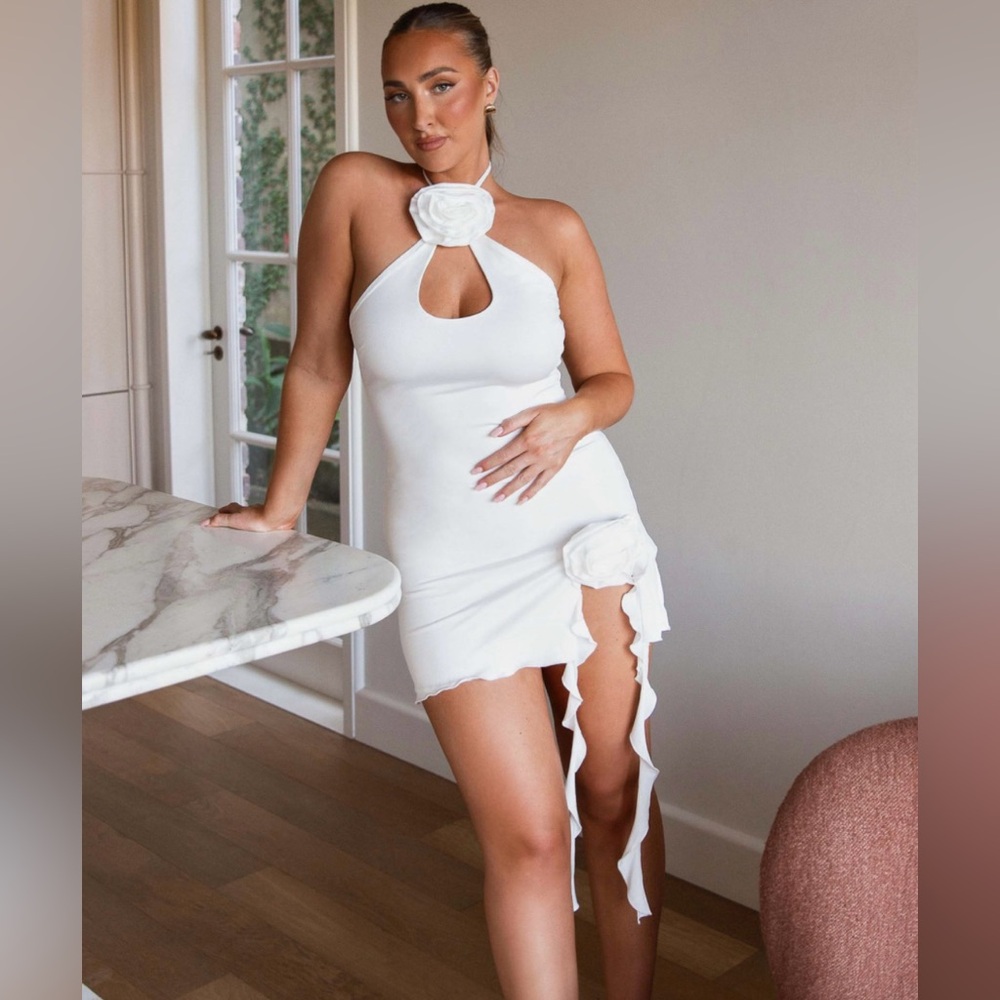 Peppermayo White Asymmetrical Ribbed Mini Dress